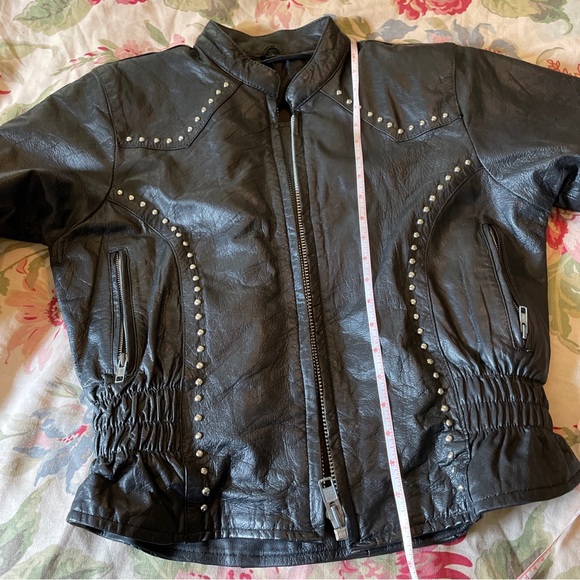 Vintage 80s Black Leather Jacket STUD Zip-Front YKK Silver HW Rock-N-Roll Biker - Picture 13 of 16